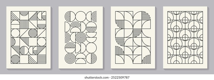 Retro set of black and white geometric vector pattern minimal posters with 20s geometric design. Trendy bauhaus pattern background for cover design, poster and interior.