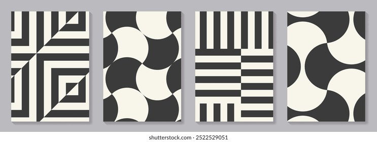 Retro set of black and white geometric vector pattern minimal posters with 20s geometric design. Trendy bauhaus pattern background for cover design, poster and interior.