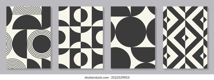 Retro set of black and white geometric vector pattern minimal posters with 20s geometric design. Trendy bauhaus pattern background for cover design, poster and interior.