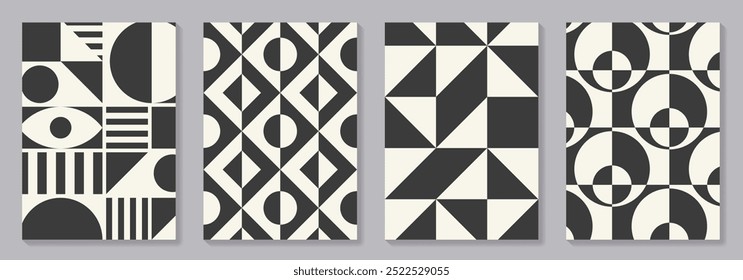 Retro set of black and white geometric vector pattern minimal posters with 20s geometric design. Trendy bauhaus pattern background for cover design, poster and interior.