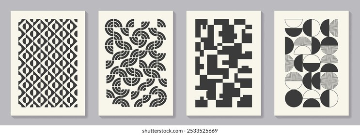 Retro set of black and white geometric vector pattern minimal posters with 20s geometric design. Trendy bauhaus pattern background for cover design, poster and interior.