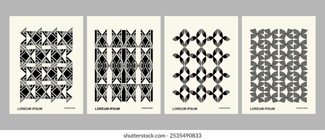 Retro set of black and white geometric vector pattern minimal posters with 20s geometric design. Trendy bauhaus pattern background for cover design, poster and interior.