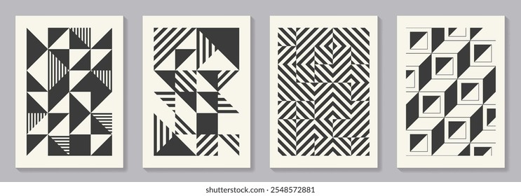 Retro set of black and white geometric vector pattern minimal posters with 20s geometric design. Trendy bauhaus pattern background for cover design, poster and interior.