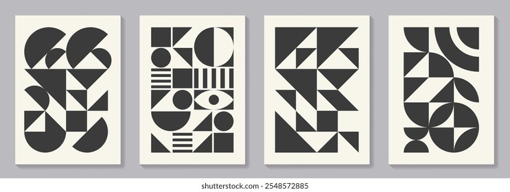 Retro set of black and white geometric vector pattern minimal posters with 20s geometric design. Trendy bauhaus pattern background for cover design, poster and interior.