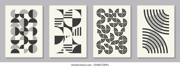 Retro set of black and white geometric vector pattern minimal posters with 20s geometric design. Trendy bauhaus pattern background for cover design, poster and interior.