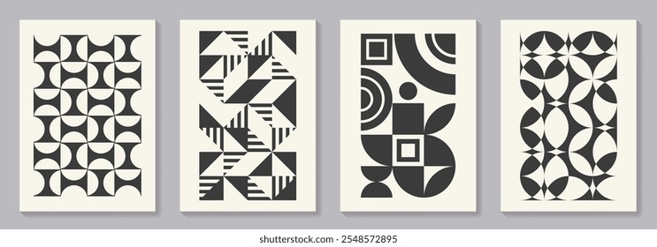 Retro set of black and white geometric vector pattern minimal posters with 20s geometric design. Trendy bauhaus pattern background for cover design, poster and interior.