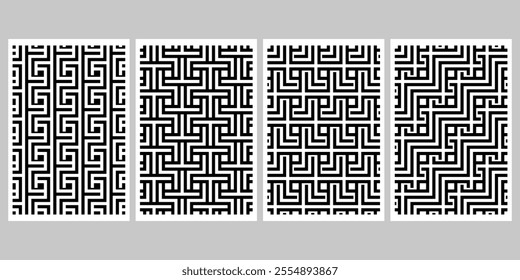 Retro set of black and white geometric vector pattern minimal posters with 20s geometric design.