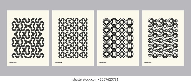 Retro set of black and white geometric vector pattern minimal posters with 20s geometric design. Trendy bauhaus pattern background for cover design, poster and interior.