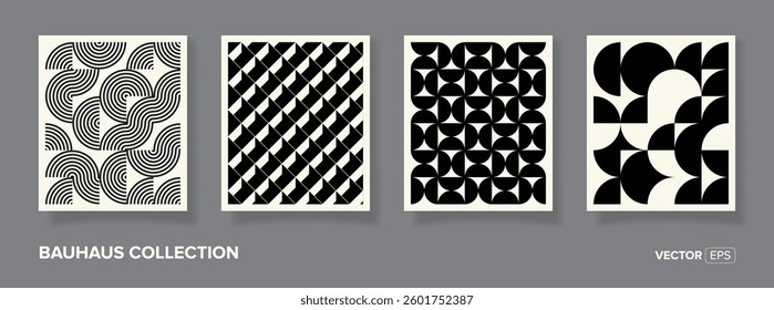 Retro set of black and white geometric vector pattern minimal posters geometric design. Trendy bauhaus pattern background for cover design, poster and interior.