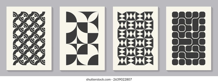 Retro set of black and white geometric vector pattern minimal posters with 20s geometric design. Trendy bauhaus pattern background for cover design, poster and interior.