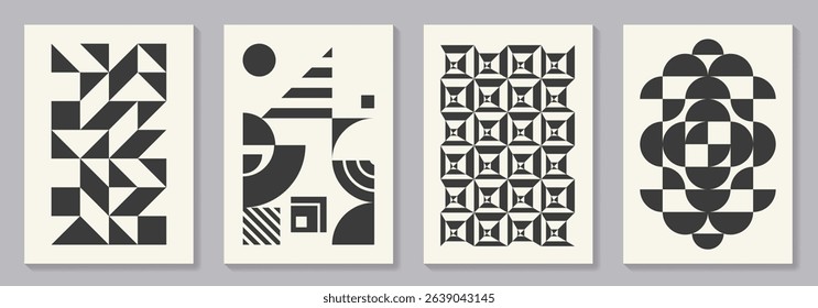 Retro set of black and white geometric vector pattern minimal posters with 20s geometric design. Trendy bauhaus pattern background for cover design, poster and interior.
