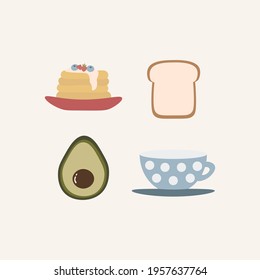 retro set breakfast, cup of coffee, bread, avocado, cupcakes, blueberry, berries