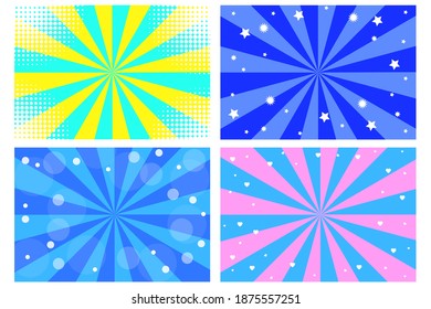 Retro set for brochure design. Sun texture. Set of backgrounds rays in abstract style on light background. Stock image.