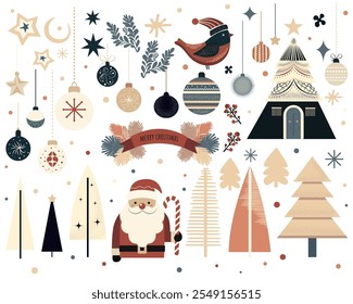 Conjunto retro de Elementos de decoración navideña en estilo minimalista. Vector Grupo vintage simple con detalles de Navidad. Plantilla de Navidad de Vector plano retro para carteles, tarjetas, fondos. Paleta limitada Navidad 