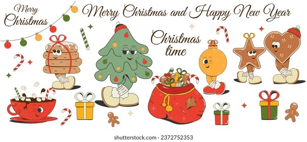 Retro set of Christmas and New Year funny cartoon characters: Christmas tree,Christmas balls,red gift bag,sweets,ginger cookies,cocoa, candy,garland,gift boxes isolated on a white background.Vector