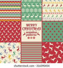 Retro set of Christmas and New Year seamless patterns with deers. Red, green and white winter scrapbook design backgrounds. All patterns are included in swatch menu.