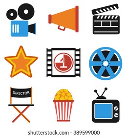 Retro set of cinema vector icons in flat design. Film Projector and film strip with countdown. Director chair and star movies award. Isolated on white