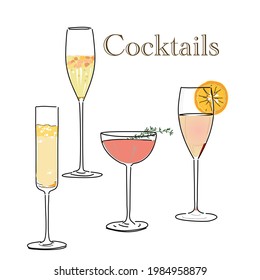 retro set of cocktails and mock tails drawing  collection, alcoholic and non-alcoholic summer drinks with ice cubes of lemon, lime .Martini, Daiquiri, margarita elegant and stylish illustration vector