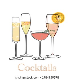 retro set of cocktails and mock tails drawing  collection, alcoholic and non-alcoholic summer drinks with ice cubes of lemon, lime .Martini, Daiquiri, margarita elegant and stylish illustration vector