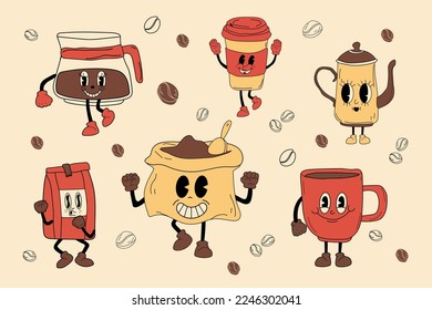 Retro set coffee 30s cartoon mascot character -. 40s, 50s, 60s old animation style. Hand drawn modern Vector illustration . Isolated coffee element
