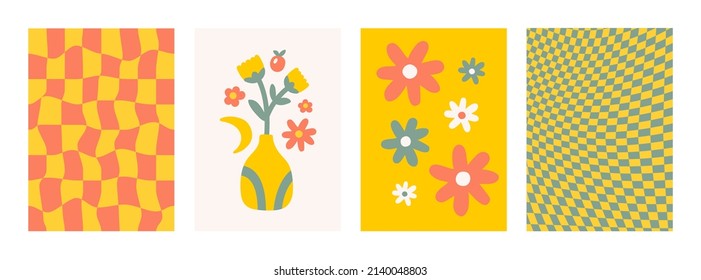 Retro set colorful backgrounds with groovy daisy flowers and distorted checkerboard. Vintage floral art prints in style hippie 60s, 70s. Vector illustration