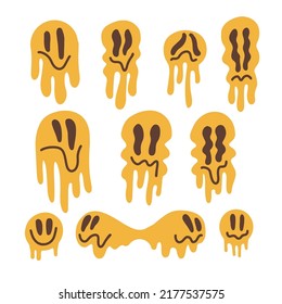Retro set of colorful melting and dripping smiles. Hippie groovy happy emotion character isolated on white backround. Hand drawn flat vector illustration.
