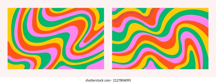 Retro set colorful psychedelic horizontal  backgrounds in style 60s, 70s. Trendy abstract hand drawn waves. Vector illustration	