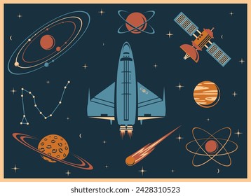 retro set with cosmic elements vector illustration