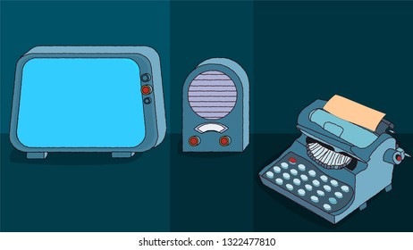 Retro set design. Old tv, old radio, old typewriter. Vector vintage communication instruments. Dark green background. 2d  drawing illustration