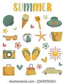 Retro Set Of Different Beach And Summer Icons In Vintage Colors