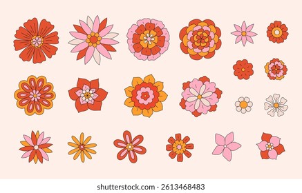 Retro set of different chamomile flowers. Colorful daisy flower in vintage style. Floral collection design elements. 70s 60s nostalgic vector clipart isolated on beige background