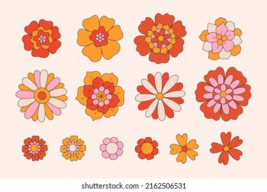 Retro set with different daisy flowers. Colorful vector illustration isolated on white background in vintage style. 70s 60s nostalgic elements for poster, card, t-shirt print