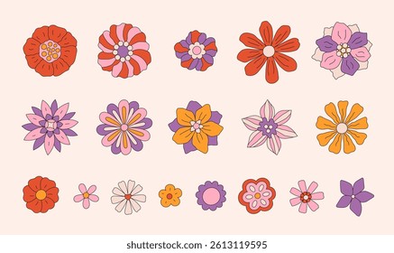 Retro set of different daisy flowers. Colorful chamomile flower in vintage style. Floral collection design elements. 70s 60s nostalgic
vector clipart isolated on beige background