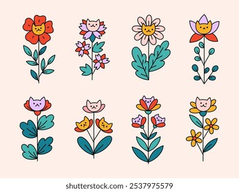 Retro set with different flowers and cat. Colorful vector illustration isolated on beige background in vintage style. 70s 60s groovy elements for poster, card, t-shirt print
