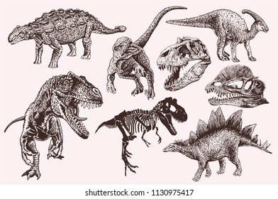 Retro set of dinosaurs for printing and tattoo,vector graphical illustration