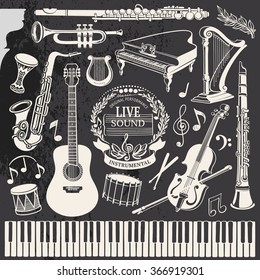 Retro Set of Drawing Vector Contours Musical Instruments and Notes on Chalkboard Grunge Background
