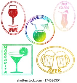 Retro set of drinks (wine,tropical cocktail, pina colada,margarita,beer) stamps on white, vector illustrarion