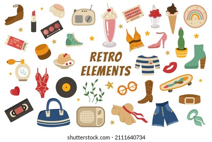 Retro set of elements of the 60-70s. Cocktail, T-shirt, sneakers, ticket, record, rainbow, hat, perfume, belt, neckerchief, bracelets, gold stars, cassettes. Vector vintage collection of themed items.