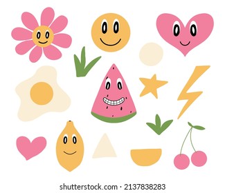 Conjunto retro de elementos. Flor de Groovy, emoticono, corazón, sandía, limón, huevo, cereza.