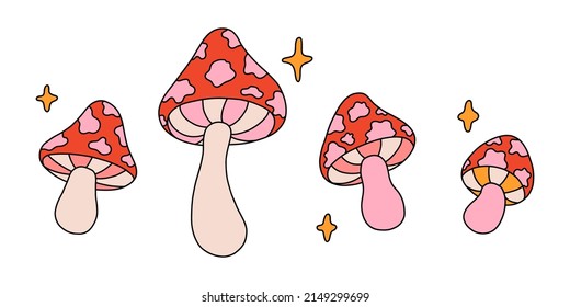 Retro set fly agaric mushrooms and stars. Colorful vector illustration isolated on white background in vintage style. 70s 60s nostalgic elements for poster, card, t-shirt print
