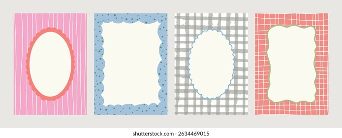 retro set of frames with wavy edges frames, doodle borders with striped background and curved shapes. Template for invitations, posters, banners
