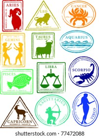 Retro Set of Fun Astrology Horoscope Passport Stamps Vector Illustration