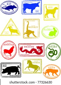 Retro Set of Fun Chinese Zodiac Passport Stamps Vector Illustration