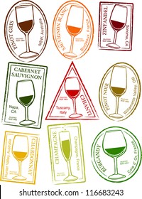 Conjunto retro de ilustraciones vectoriales de sellos de vino de pasaportes divertidos