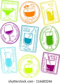 Retro Set of Fun Passport Style Cocktail Stamps Vector Illustration