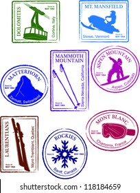 Retro Set of Fun Passport Style Ski Resort Stamps Vector Illustration