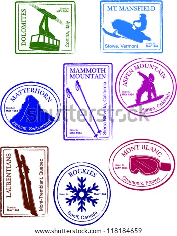 Retro Set of Fun Passport Style Ski Resort Stamps Vector Illustration