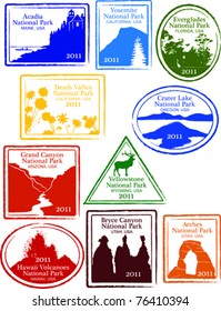 Retro Set of Fun USA National Park Passport Stamps Vector Illustration