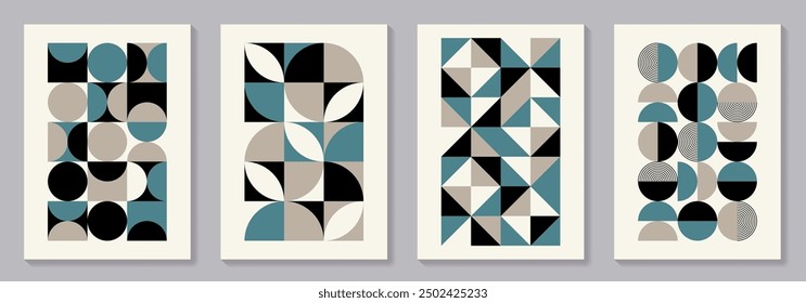 Retro set of geometric vector trendy bauhaus pattern backgrounds set. Vintage posters with 20s geometric design for cover design, poster and interior.