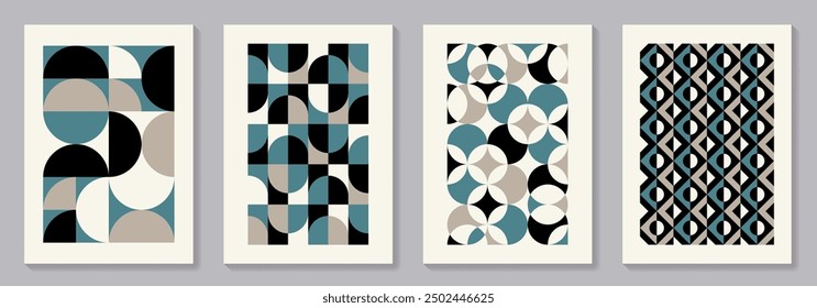 Retro set of geometric vector trendy bauhaus pattern backgrounds set. Vintage posters with 20s geometric design for cover design, poster and interior.